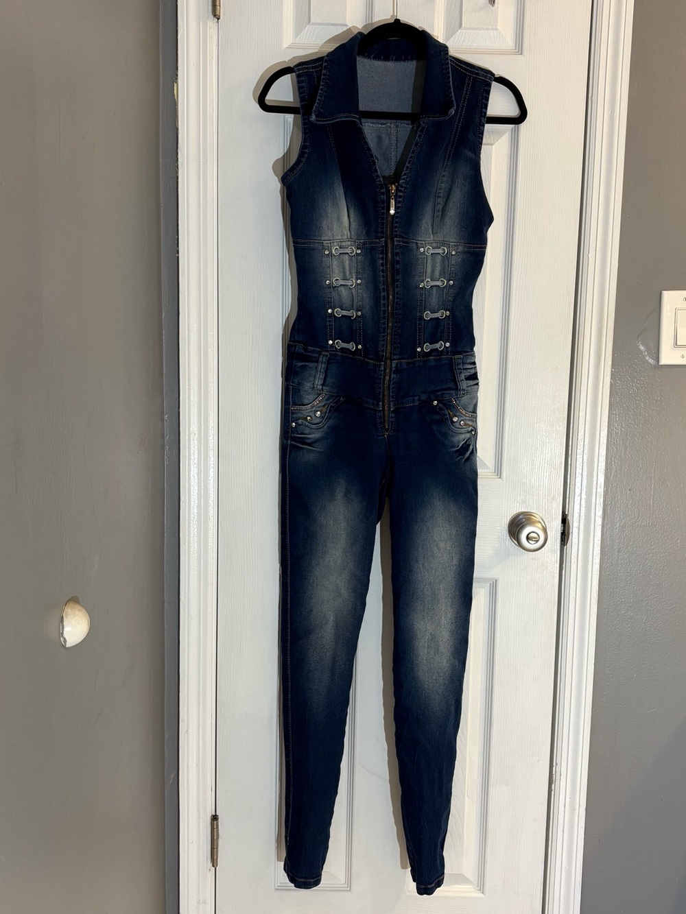 VTG Y2K Confemes Colombia Denim Jumpsuit Romper Rhinestone Corset Bodice Sz 8.